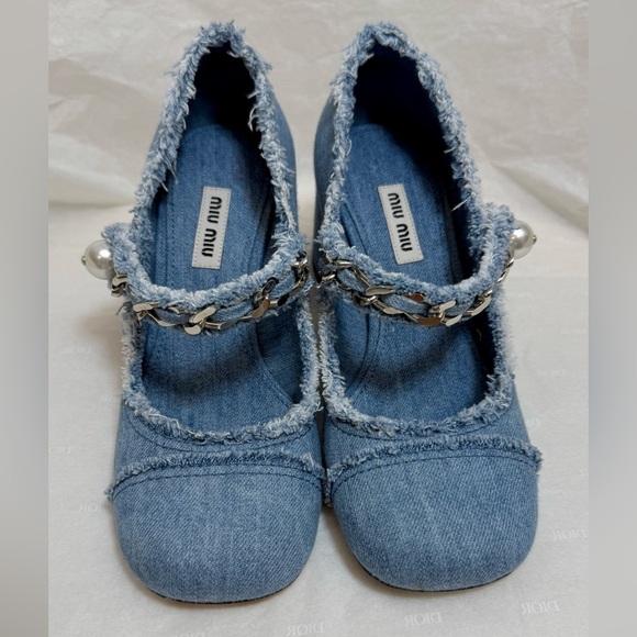 Miu Miu Shoes - Miu Miu Denim Mary Jane Heels Size 35 Pearl Strap Blue